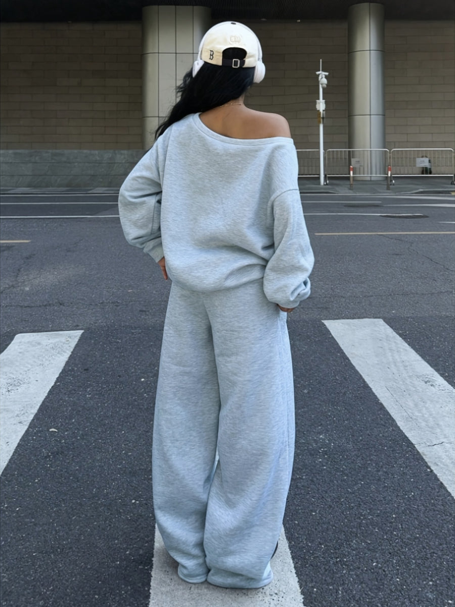 Autumn Winter Fleece Sweatshirt Set, Off-Shoulder Letter Print Top And Letter Print Long Pants (2pcs Set) - Light Grey