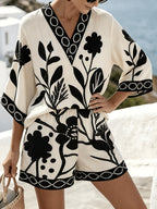 Women's Elegant Bohemian Style Floral Print Loose Top, Shorts, and Set - Wilderness - White