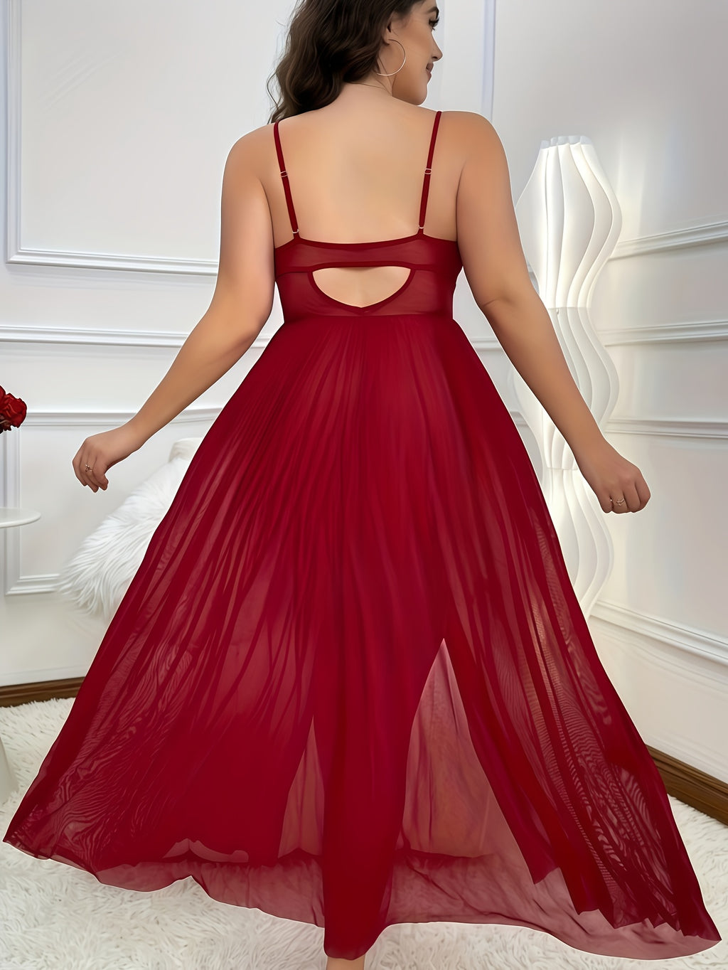 Plus size Women's solid color semi transparent lace patchwork suspender nightgown, heart-shaped rhinestone with bow decoration, casual, loose and comfortable, sexy nightgown, ideal gift for Valentine's Day, Christmas - Burgundy