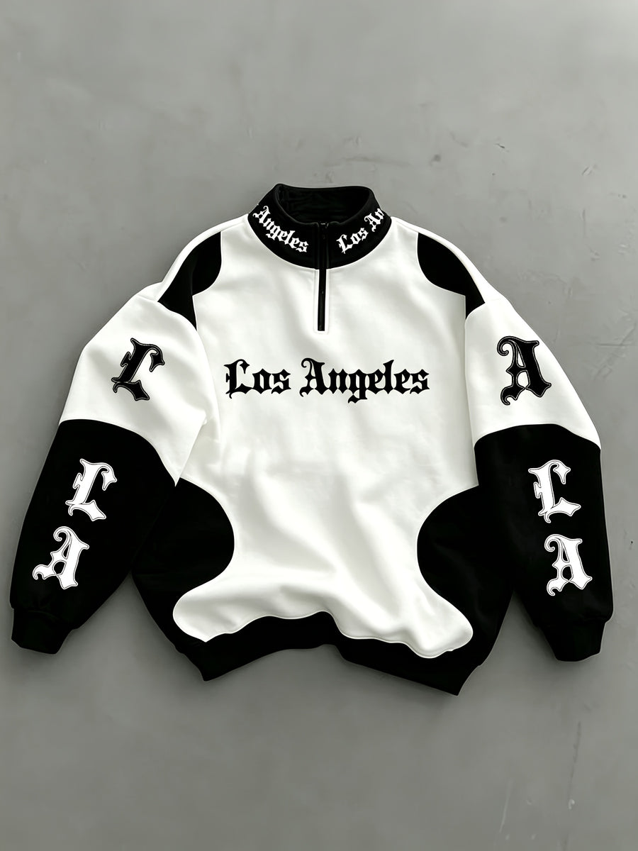 Los Angeles City Theme Print Black And White Contrast Patchwork Zipper Stand-Up Collar Pullover Sweatshirt - White