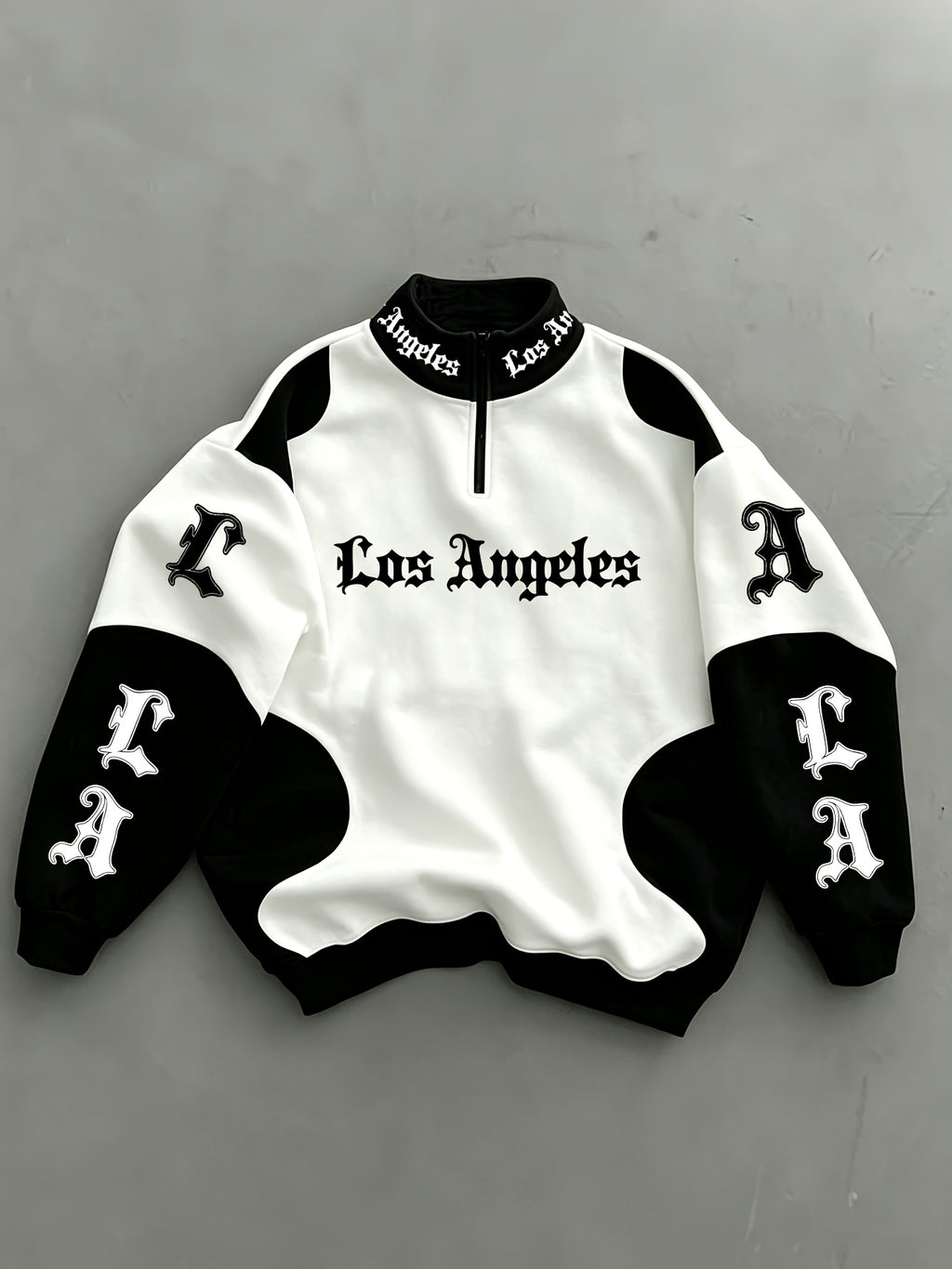 Los Angeles City Theme Print Black And White Contrast Patchwork Zipper Stand-Up Collar Pullover Sweatshirt - White