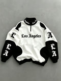 Los Angeles City Theme Print Black And White Contrast Patchwork Zipper Stand-Up Collar Pullover Sweatshirt - White