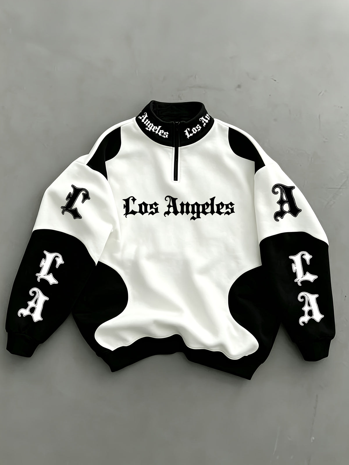Los Angeles City Theme Print Black And White Contrast Patchwork Zipper Stand-Up Collar Pullover Sweatshirt - White