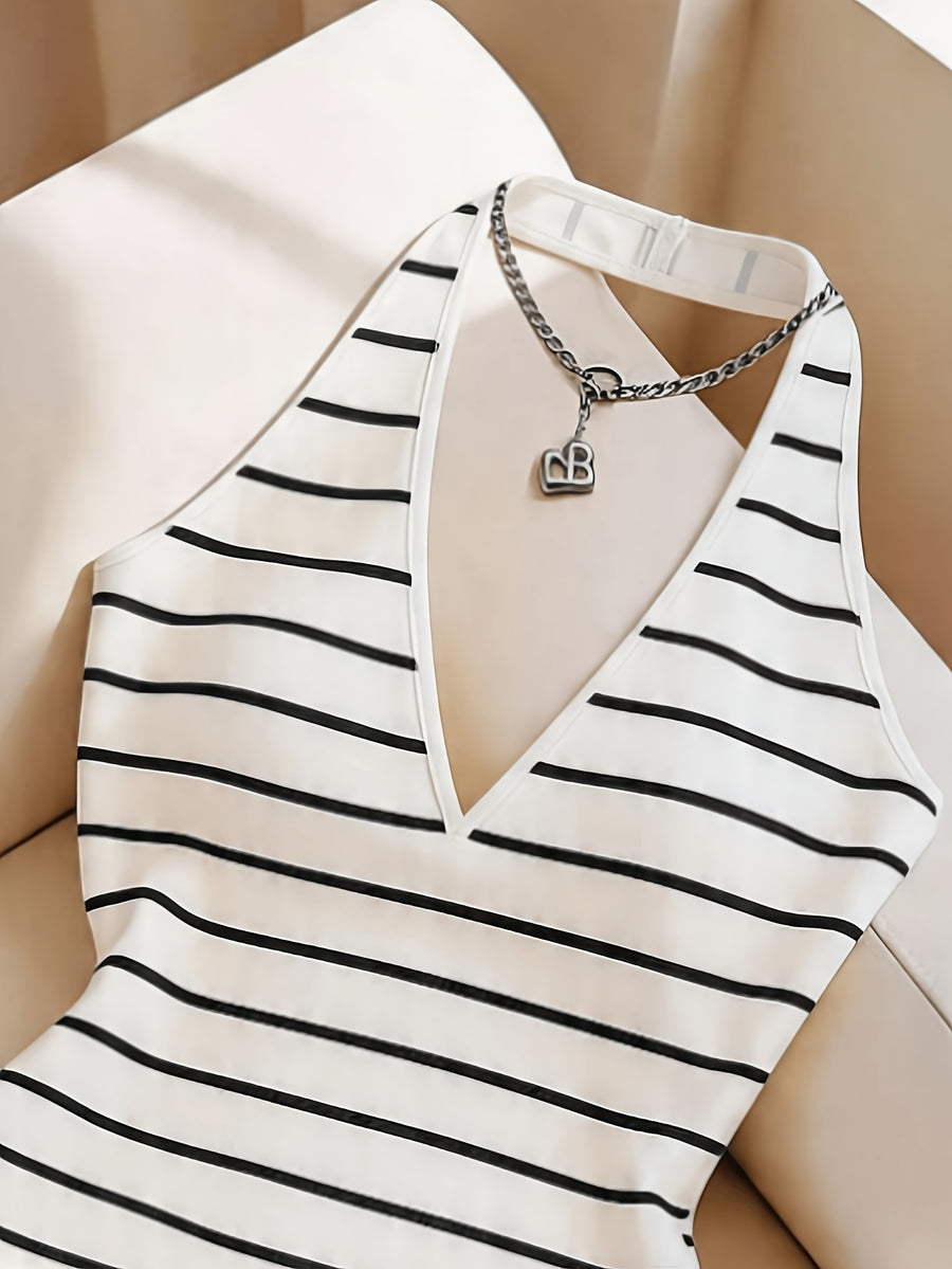1pc Vintage Style Black and White Striped Halter Neck Bodysuit, V-Neck Stretchy Slim-Fit Backless Sleeveless Vest for Women, Summer Vacation Streetwear, Refreshing and Youthful Style - Mixed colors