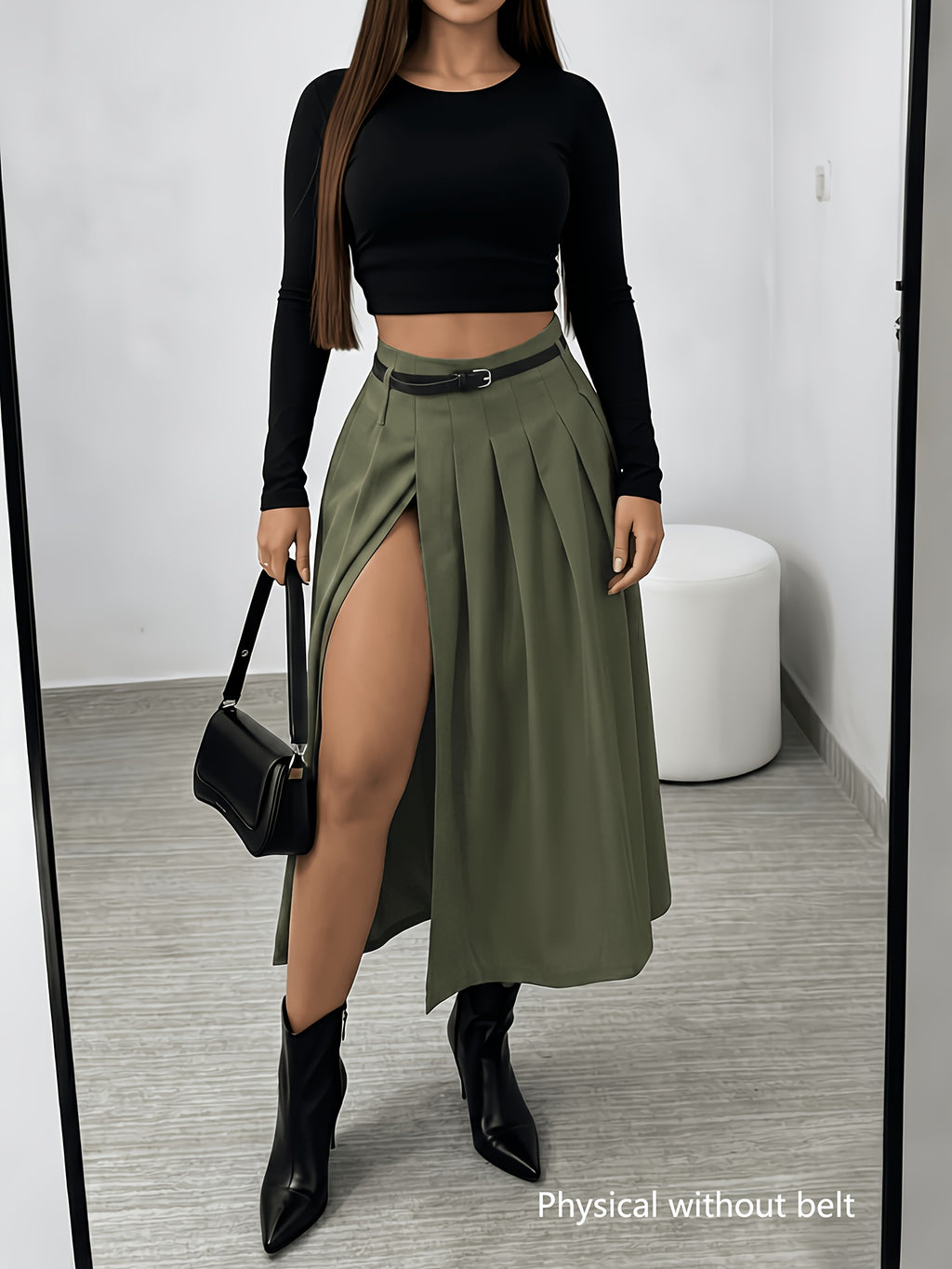 New Spring/Summer Women's High-Waist Pleated Skirt, Waist-Cinching Spicy Style, Versatile Midi Length, Beltless Design - Tactical Green