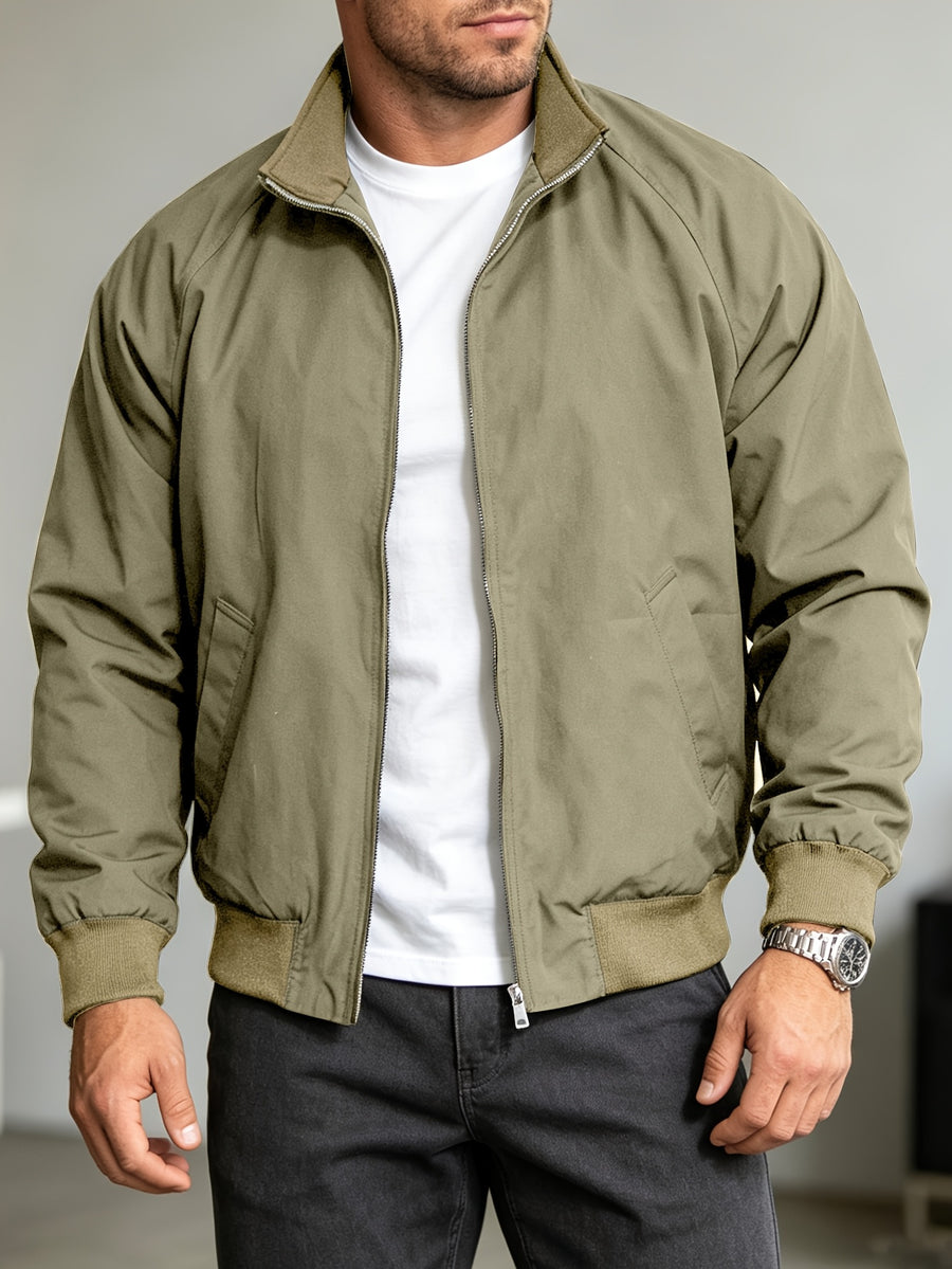 Men's Vintage Harrington Jacket with Stand-Up Collar, Zipper, and Ribbed Cuffs, Casual Outerwear for Daily Commuting - Khaki