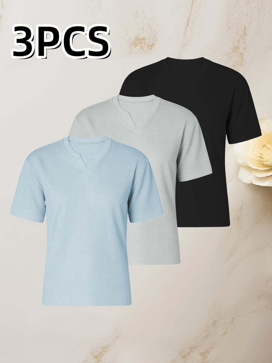 3pcs Men's Waffle Knit V-Neck Solid Color Stretch Short Sleeve T-Shirt, Summer Slim Fit Muscle-Defining Breathable Versatile Casual Henley Top - Black Gray Blue