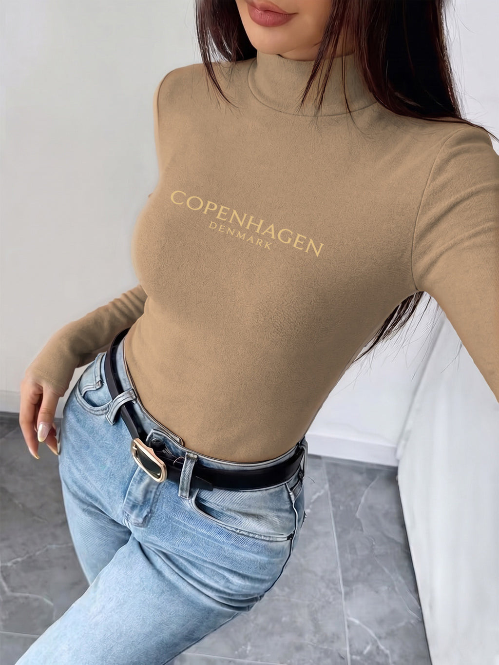 Women'S Autumn Winter New Mid-High Neck Fitted Top, Can Be Worn Inside Or Outside, Elastic Fabric, Soft And Skin-Friendly Warm, Easy Waist-Cinching Style, Casual All-Match "Copenhagen Denmark Travel Souvenir" - Khaki
