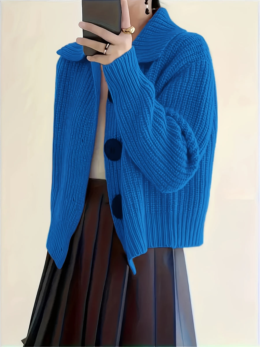Solid Color Button-Front Cardigan, Korean Style Short Outerwear, Elegant for Vacation, Daily Commute - Blue