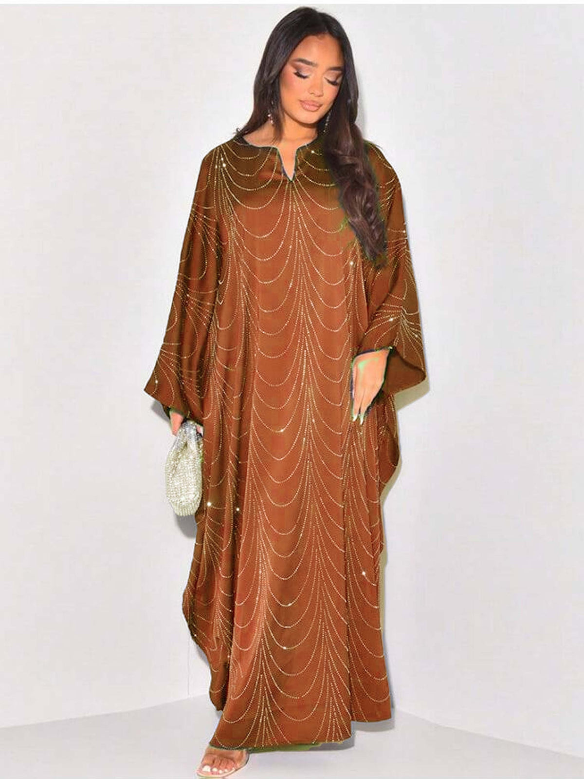 Ramadan Middle East Muslim New Women's Fashion Loose Rhinestone Batwing Sleeve Abaya Gown - Orange Red