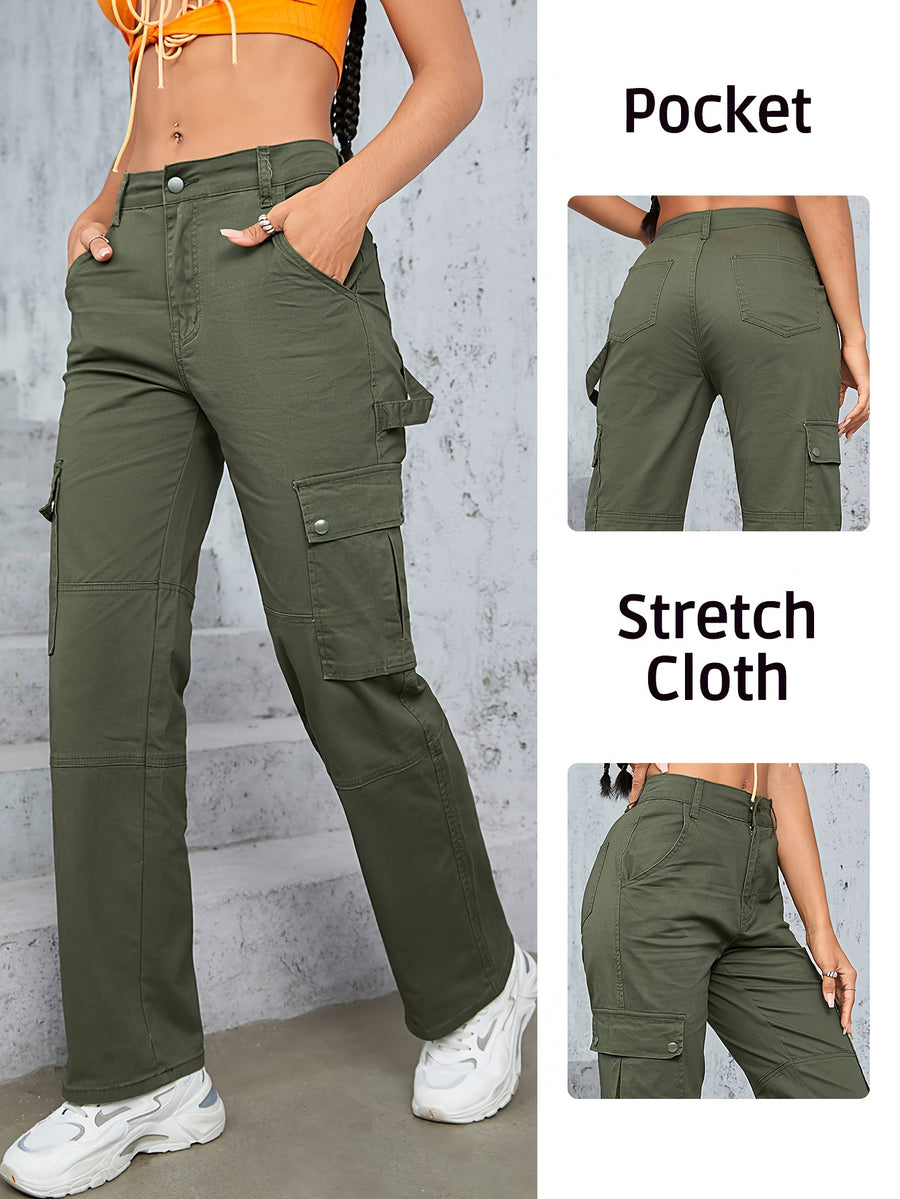 High-Waisted Workwear Jeans - Fashionable 90s Retro Street Style - Spacious Pockets, Wide Legs, Y2K Vintage Workwear Trend - Olive Green