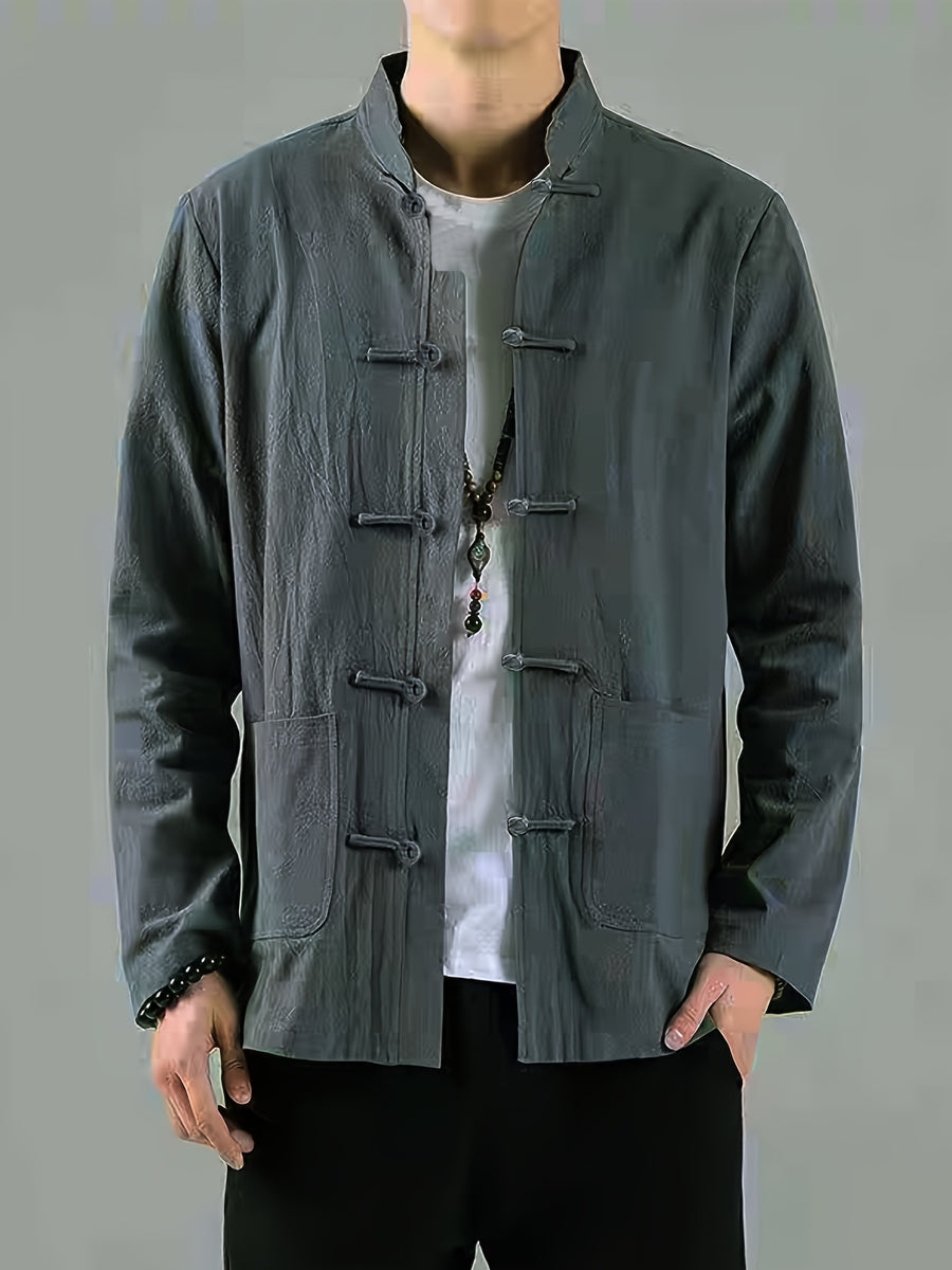 New Men'S Long Sleeve Shirt, Casual Shirt, Breathable And Versatile, Chinese Style Top, Solid Color, Comfortable Casual Shirt for Men - Grey