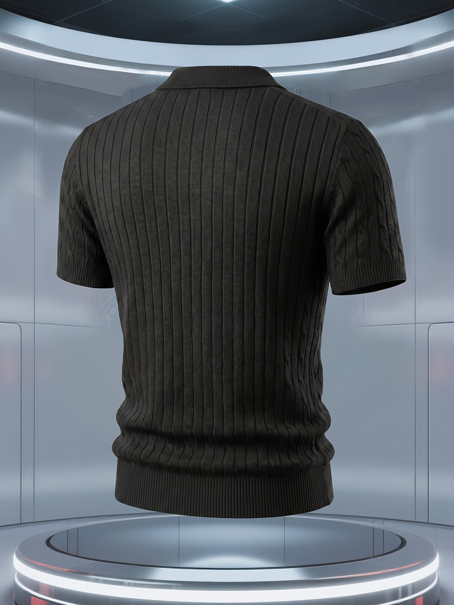Short Sleeve Knit Sweater 2026 Spring/Summer New Arrival Cable Knit Lapel Slimming Pullover Top, Vertical Stripes with Intricate Cable Knit Slimming Texture, Light Luxury Business High-Quality Style, Fashionable, Simple, and Handsome - Black