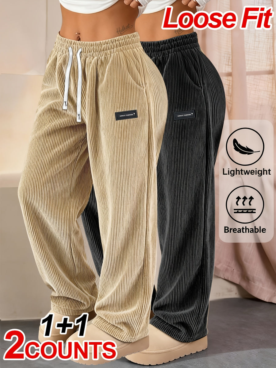 2-Pack Women'S Elegant Casual Fashion Corduroy Pants | Lightweight, All-Season Comfort, Solid Color with Pockets, Suitable for Various Occasions - Black + Khaki