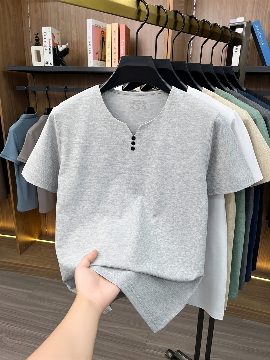 [Qiaoximei OBM] Collarless Men'S Top, Summer New Men'S Collarless Henley Shirt, Fake Button Decoration, Men'S Easy Wear, Suitable for Casual Outings And All-Match Style, Men'S Gift - Light Grey