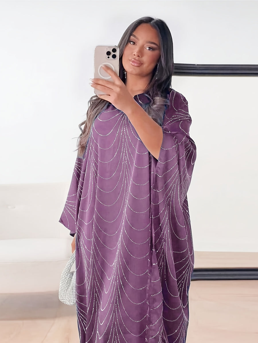 Ramadan Middle East Muslim New Women's Fashion Loose Rhinestone Batwing Sleeve Abaya Gown - Light Purple