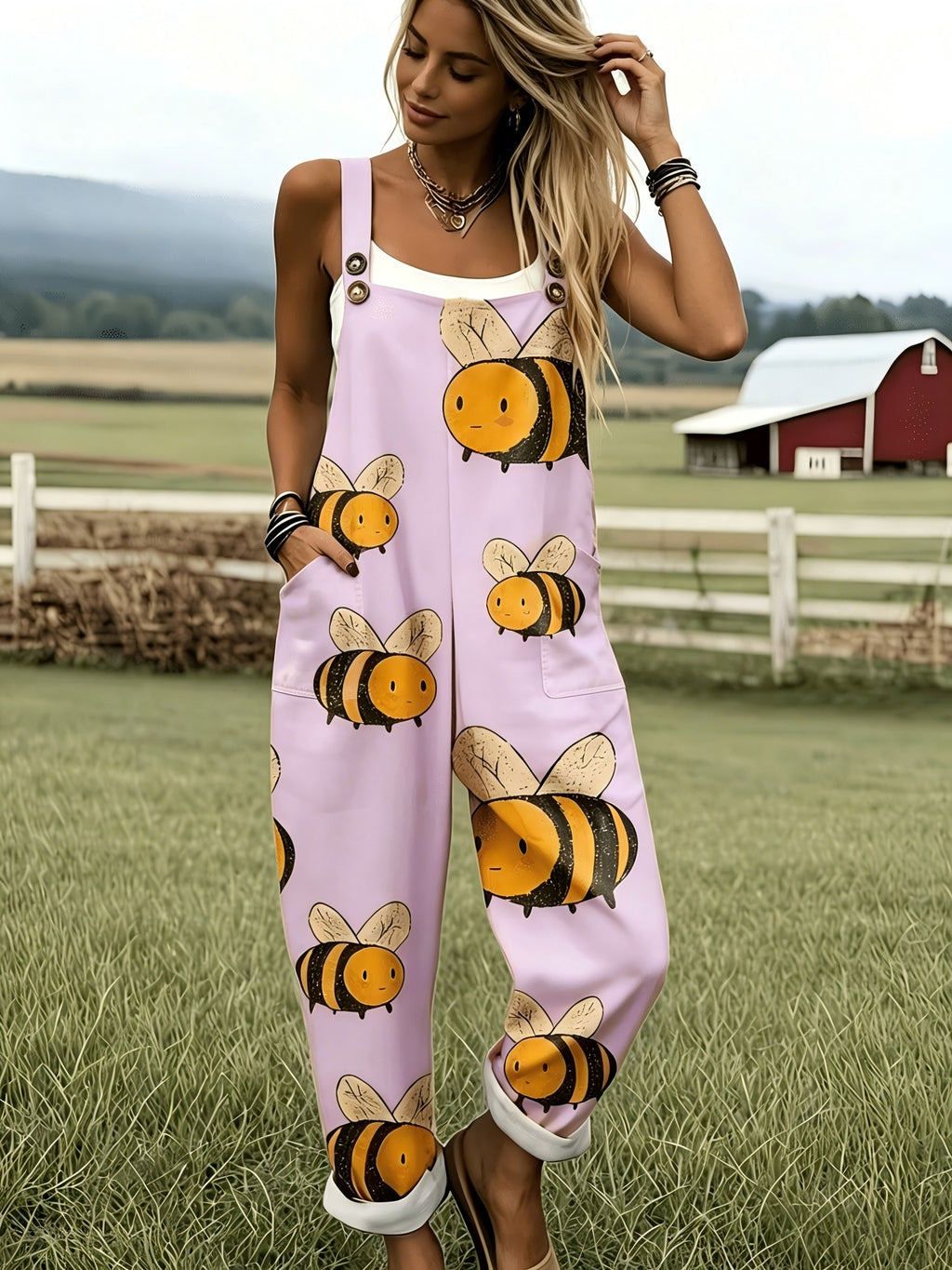 Green Jumpsuit with Cartoon Bee Pattern - 0578 - Pink Color