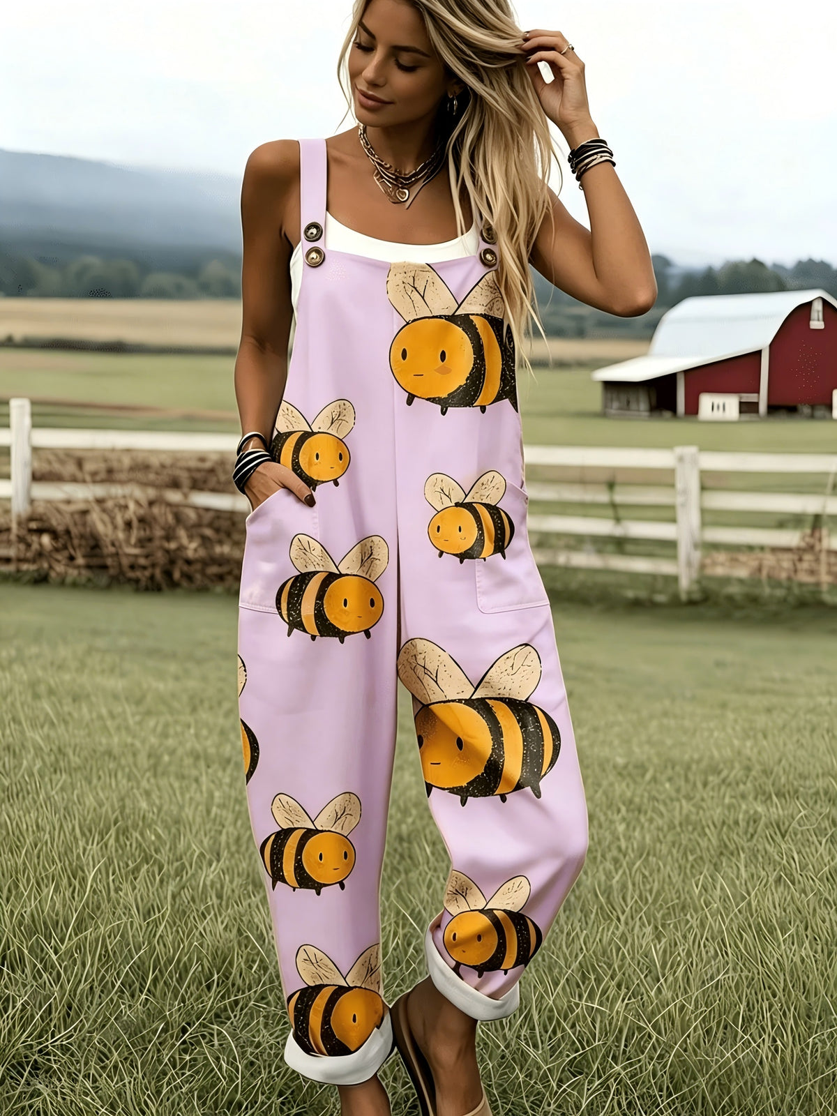 Green Jumpsuit with Cartoon Bee Pattern - 0578 - Pink Color