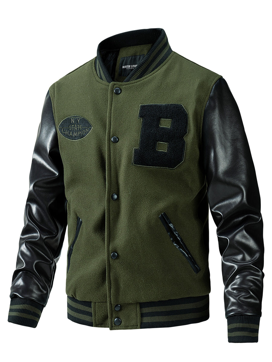 Men'S Winter Jacket, Trendy American Baseball Coat for Autumn And Winter, Casual Embroidered Plus-Size Outerwear with PU Sleeves, Windproof Men'S Jacket - fern green