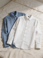 1+1 2pcs Classic Men's Oxford Plain Color Shirt, Long Sleeve Spring/Autumn Pocket Lapel Shirt for Casual Daily Outings - White+blue