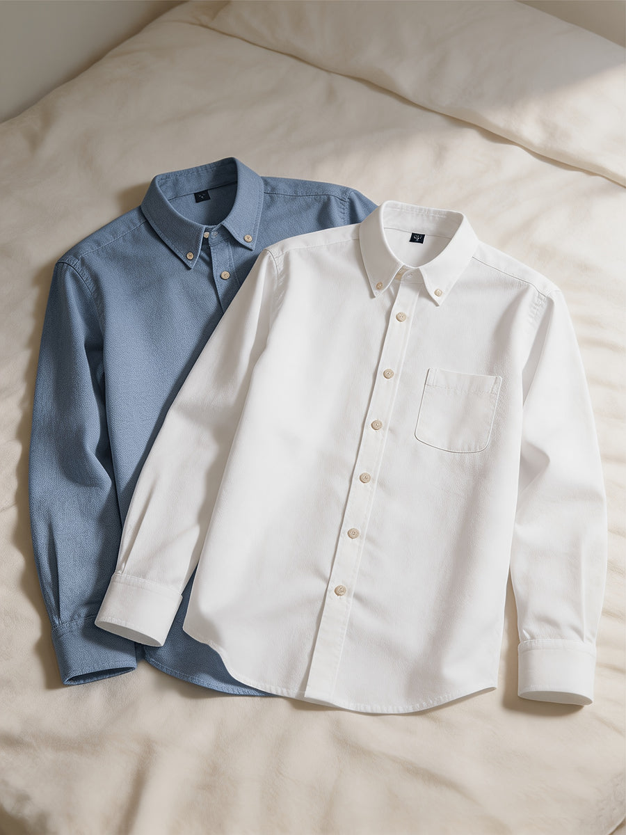 1+1 2pcs Classic Men's Oxford Plain Color Shirt, Long Sleeve Spring/Autumn Pocket Lapel Shirt for Casual Daily Outings - White+blue