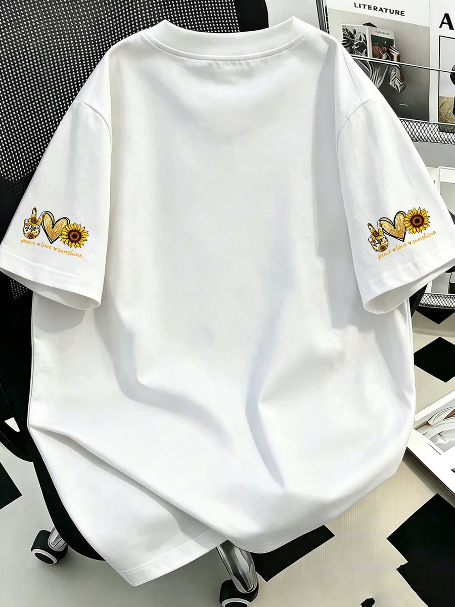Plus Size, Plus-size Sunflower Print Round-neck Women's Casual Short-sleeve T-shirt, Suitable for Summer Vacations, Casual and Comfortable - White