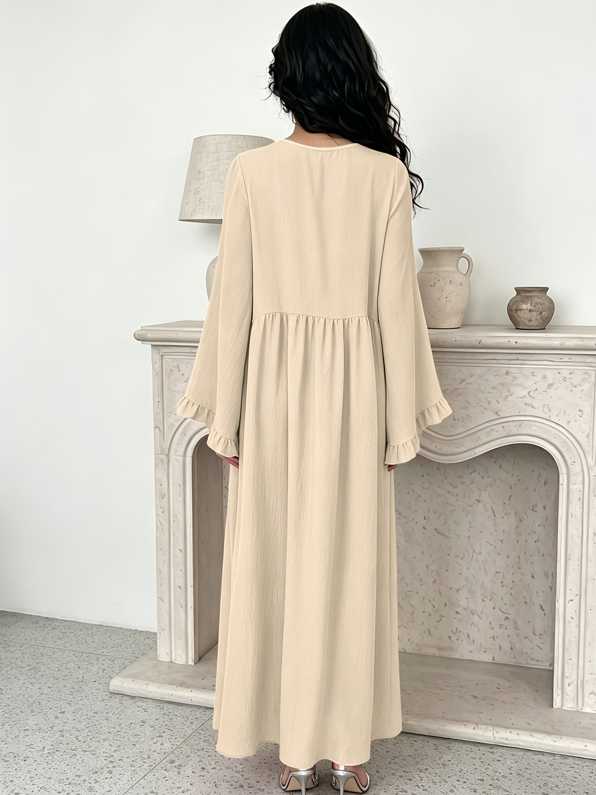 Round Neck Long Dress with Ruffled Flared Wide Sleeves, Soft Lightweight Breathable Fabric Loose Swing Style Dress for Women Daily Home And Outdoor Casual Matching - Off-white