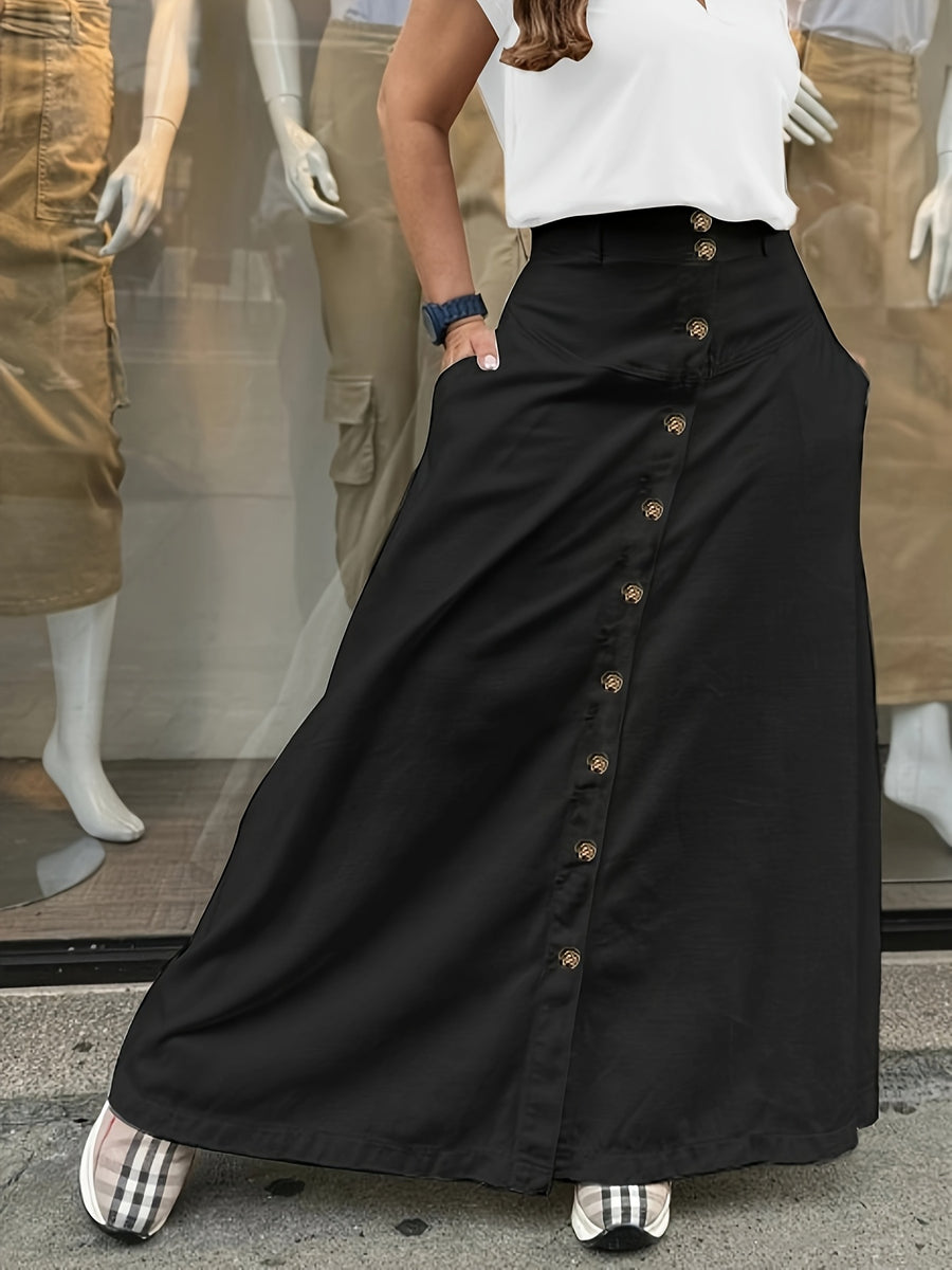 Women's Elegant Solid Color High Waist Mid-Long Skirt, Fashionable and Practical with Pockets and Button Front Slit A-line Skirt, Can be Worn in Spring, Summer, Autumn and Winter - Black