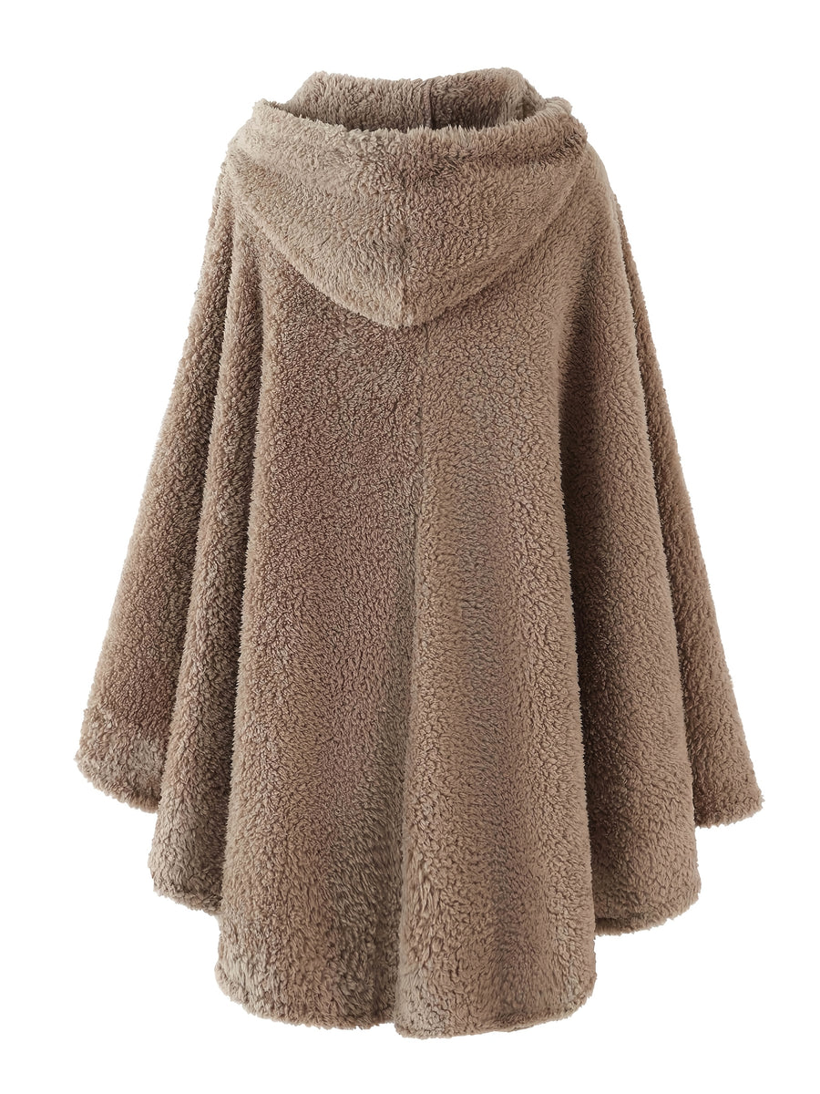 Plus Size - 1pc Faux Horn Button Size Free Solid Color Fashion Hooded Cape - Tawny
