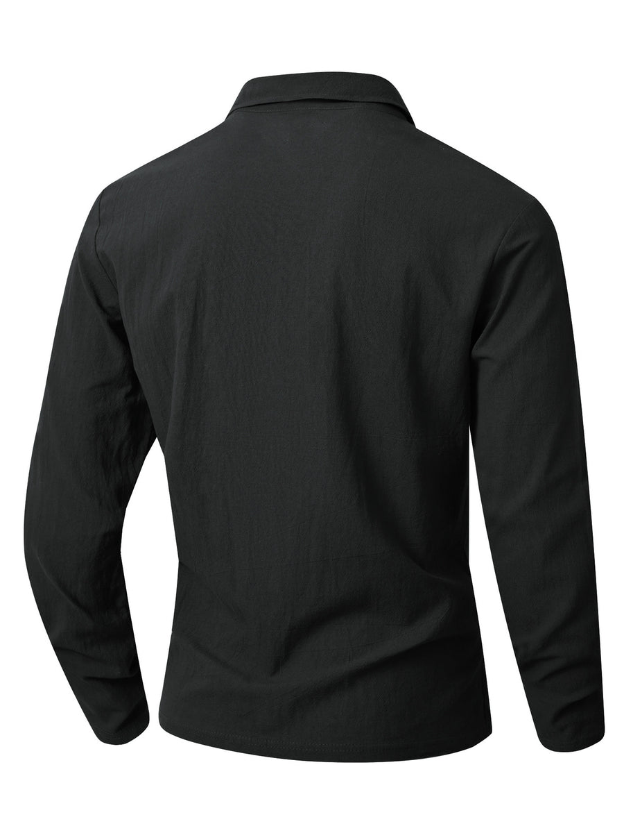 KJ-CX023-YY Old Money Style Men'S Solid Color Henley Lapel Long Sleeve Top V-Neck Pullover Shirt Beach Vacation Casual Shirt Outerwear - Black