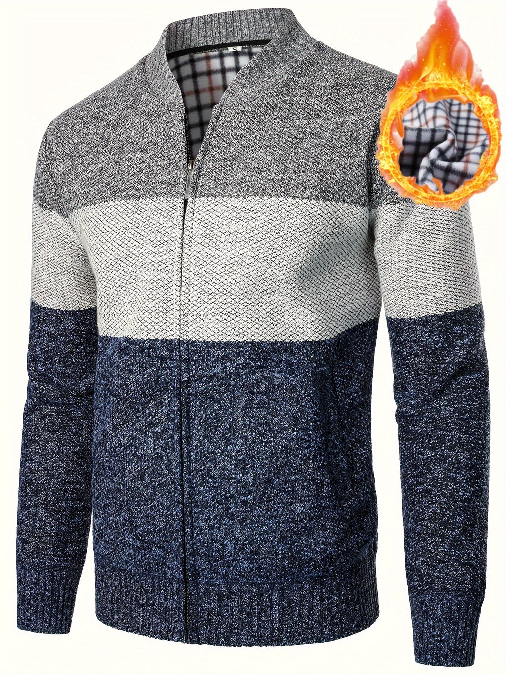 Men'S Casual High Neck Fleece Jacket, Color Block Knit Cardigan, Mid Stretch Zip-Up Fall/Winter Outerwear, Regular Fit with Placket Closure, Thick - Light Blue