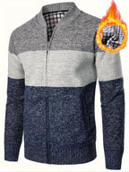 Men'S Casual High Neck Fleece Jacket, Color Block Knit Cardigan, Mid Stretch Zip-Up Fall/Winter Outerwear, Regular Fit with Placket Closure, Thick - Light Blue