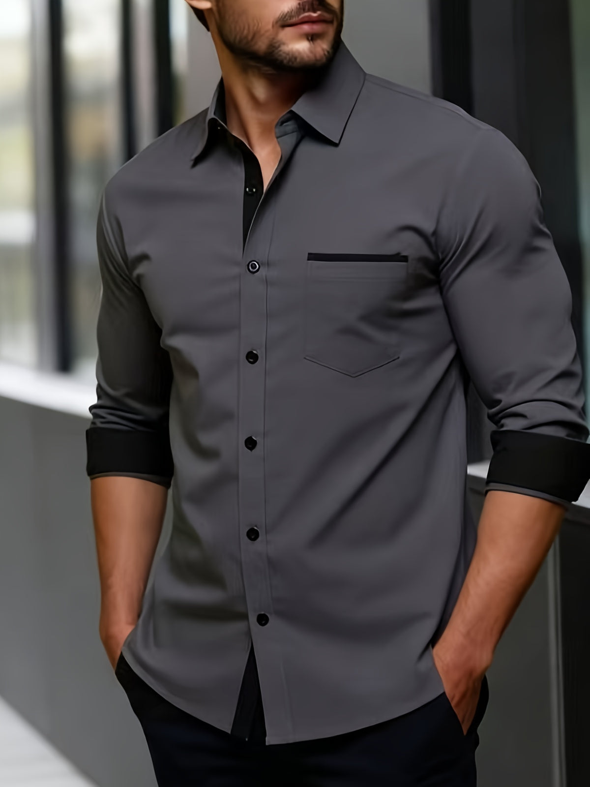 Black and Gray Color-blocked Formal Shirt, Smart Casual - Dark Gray