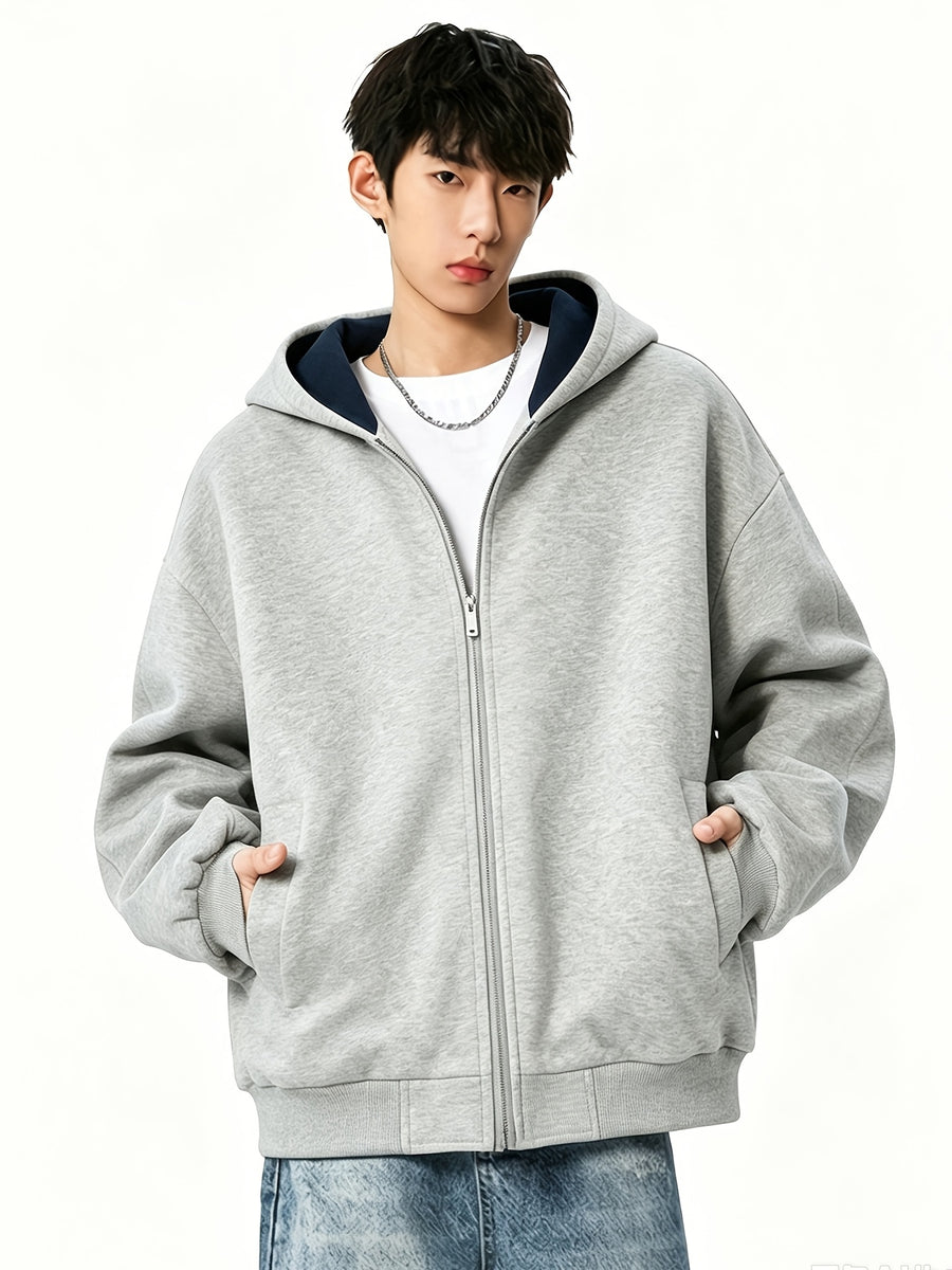 Men's Color-Block Hooded Zip-Up Jacket, College Style Outerwear - Grey