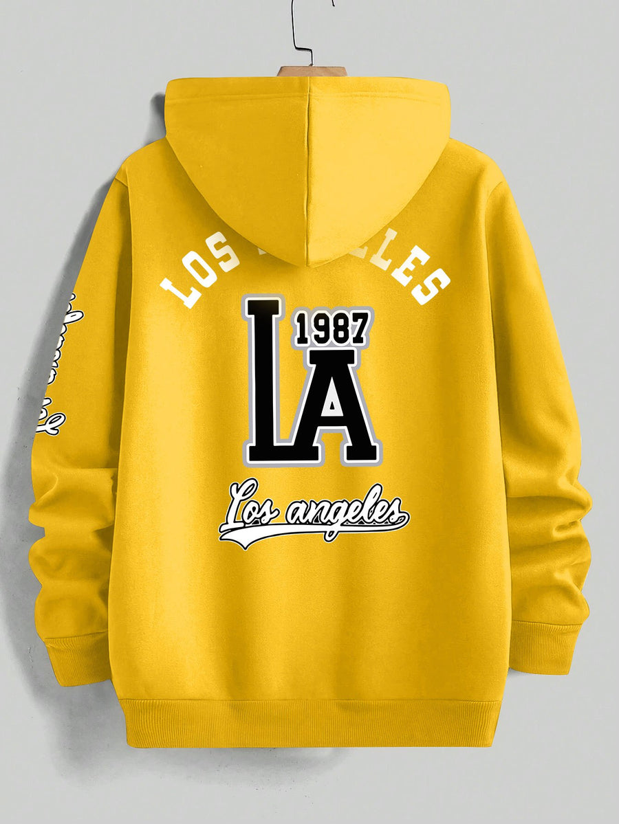 American Vintage Los Angeles Style Hoodie, High Street Fashion LOS ANGELES Trendy Sweatshirt for Men - Yellow