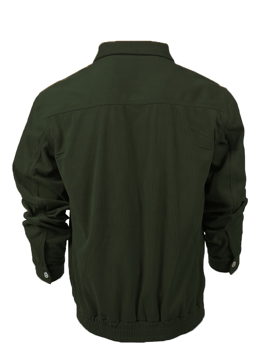 Men's Casual Long Sleeve Shirt Autumn Winter Solid Color Corduroy Zip-Up Jacket Vintage Style Top - Military Green