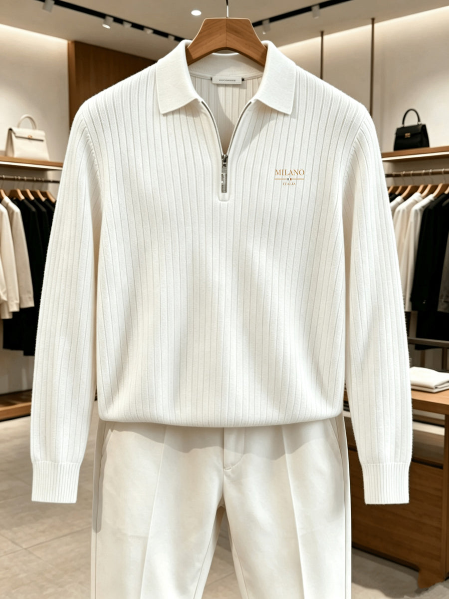 Autumn/Winter Men's Long-Sleeve Lapel Outdoor Casual Sport Half-Zip Printed Polo Shirt - White