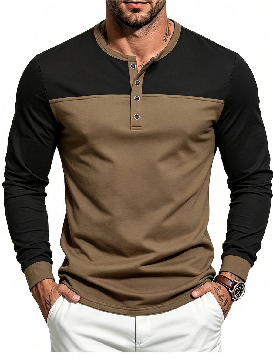 Men's Long Sleeve Henley T Shirt, Color Block Button Placket Pullover Top Loose Fit Casual Tee, Workout Sports Daily Commute Fall Mens Clothing - Black Brown