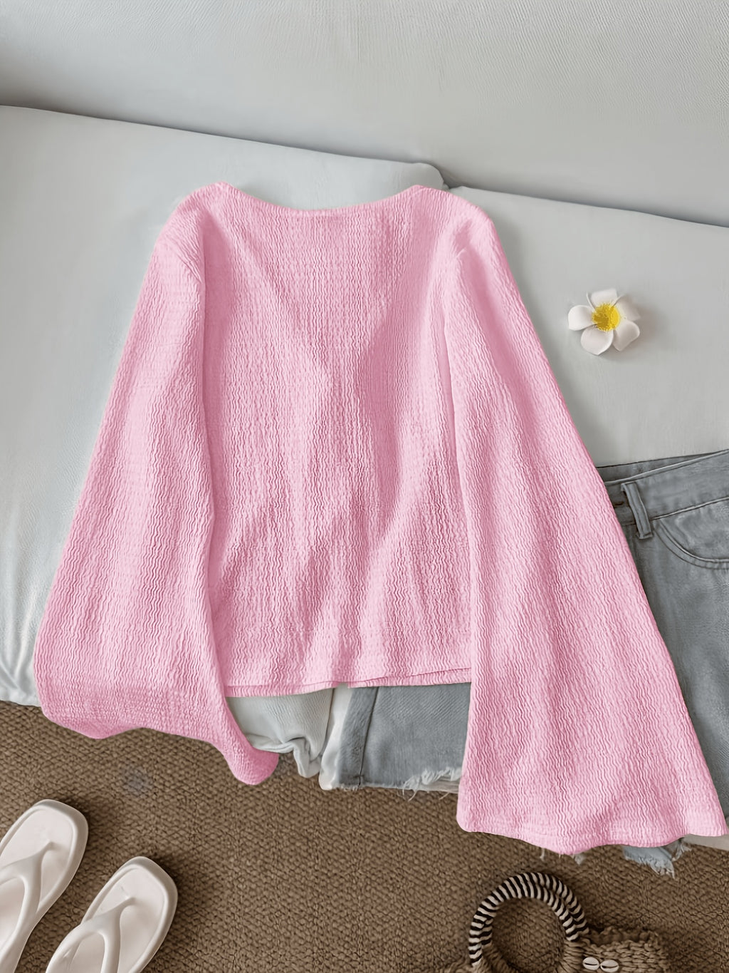 Solid Color Front-Tie Bow Open-Front Fashion Flared Sleeve Blouse New Women'S Short Top - Pink Color