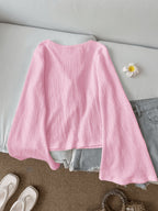 Solid Color Front-Tie Bow Open-Front Fashion Flared Sleeve Blouse New Women'S Short Top - Pink Color