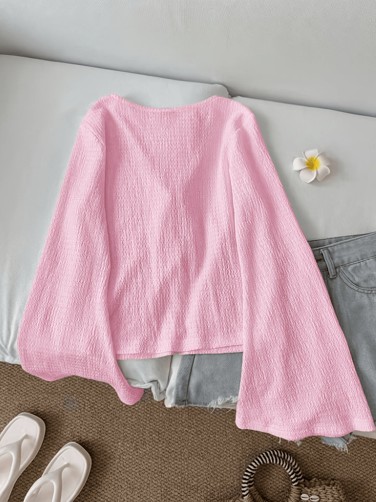 Solid Color Front-Tie Bow Open-Front Fashion Flared Sleeve Blouse New Women'S Short Top - Pink Color