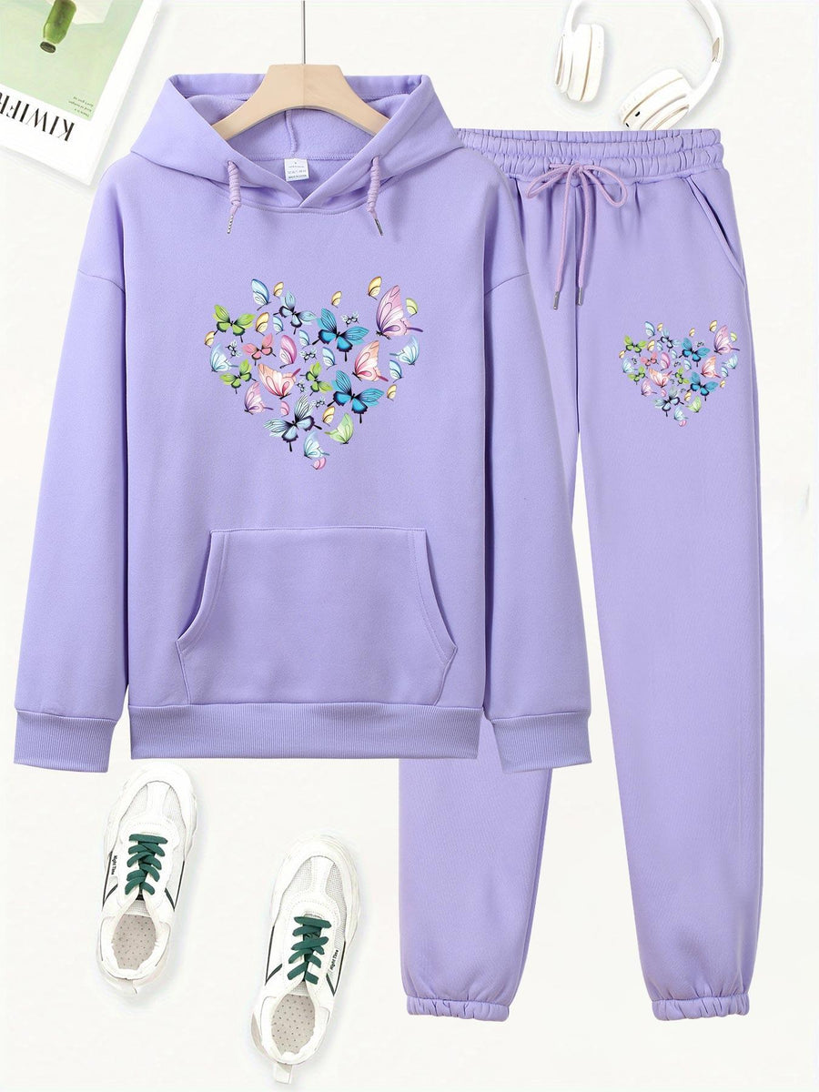 Butterfly Heart Print Hoodie And Pants Set, Casual Long Sleeve Hoodie And Jogger Set, Women'S Hooded Pocket Outfit - Purple