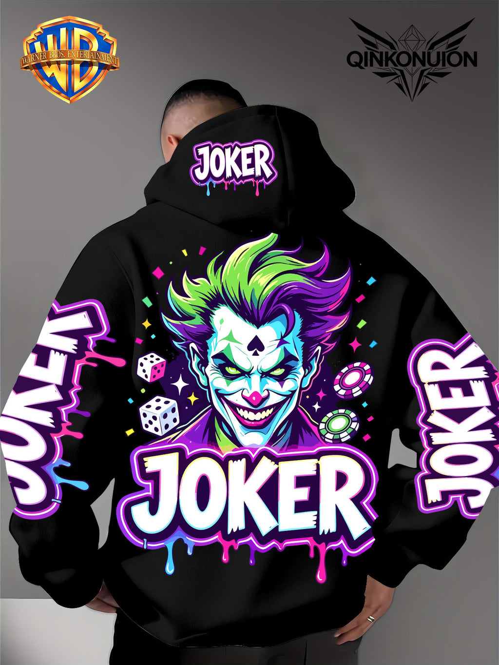 Warner Official Men'S Hoodie, Neon Clown Avatar Chess And Card Graffiti Trendy Print Design, Machine Washable, Warm And Casual for Autumn And Winter, Daily Drawstring Hoodie, Multi-Functional Sports And Leisure Loose Version - Black