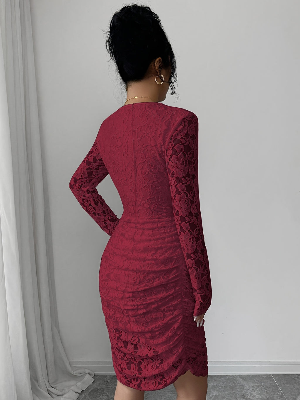 Women's Elegant Slim-Fit Mini Dress with Ruffled Collar, Ruffle Hem, and Corded Lace, Evening Gown, Bridesmaid Dress - Burgundy