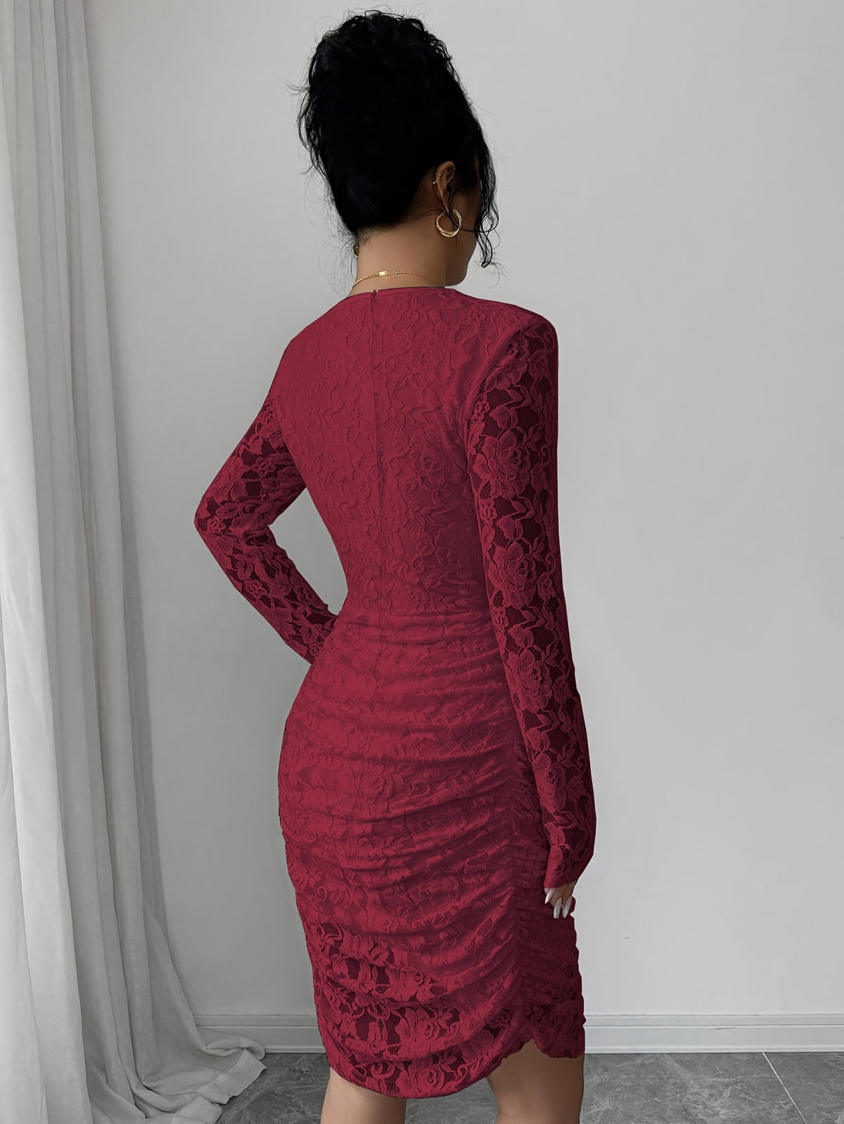 Women's Elegant Slim-Fit Mini Dress with Ruffled Collar, Ruffle Hem, and Corded Lace, Evening Gown, Bridesmaid Dress - Burgundy