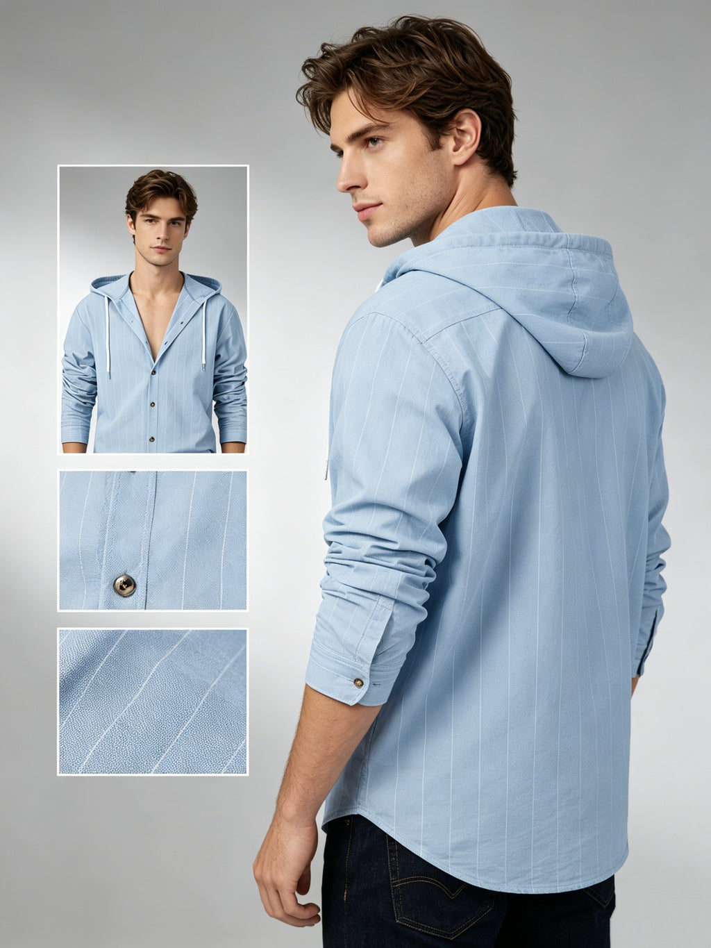 Men's Spring/Autumn Linen Casual Hooded Shirt, American-Style Loose Fit, Effortlessly Stylish, Long-Sleeve Cardigan Design for Easy On/Off, Linen Fabric Is Dry and Breathable, Versatile and Trendy Men's Apparel for Beach Outings - Light Blue
