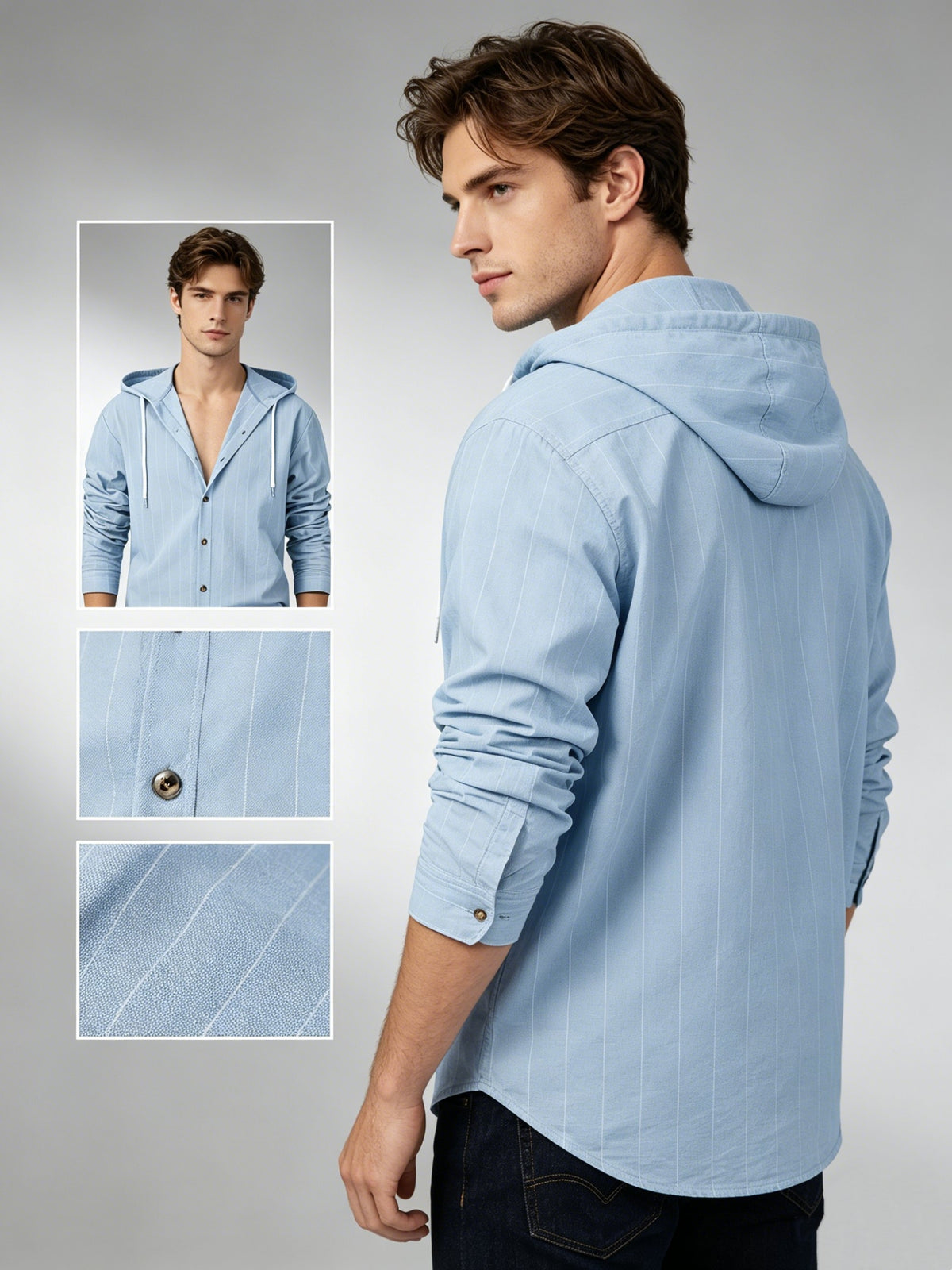 Men's Spring/Autumn Linen Casual Hooded Shirt, American-Style Loose Fit, Effortlessly Stylish, Long-Sleeve Cardigan Design for Easy On/Off, Linen Fabric Is Dry and Breathable, Versatile and Trendy Men's Apparel for Beach Outings - Light Blue