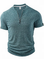 Men'S Fashion Top, Spring Summer Outdoor Casual Textured Ribbed Fabric, Zipper Neck Design Short Sleeve Patchwork Button, Men'S Henley Shirt - Sky Blue