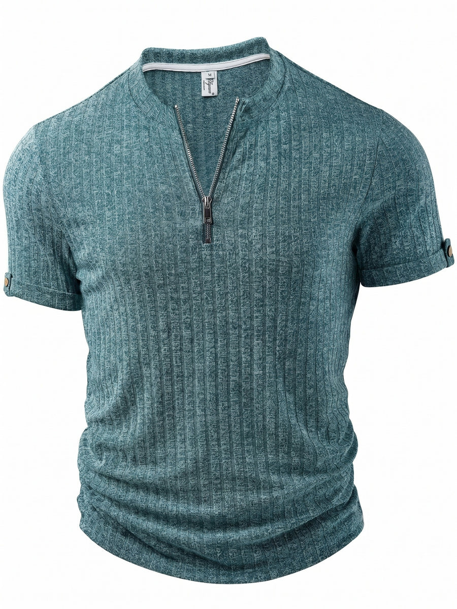 Men'S Fashion Top, Spring Summer Outdoor Casual Textured Ribbed Fabric, Zipper Neck Design Short Sleeve Patchwork Button, Men'S Henley Shirt - Sky Blue