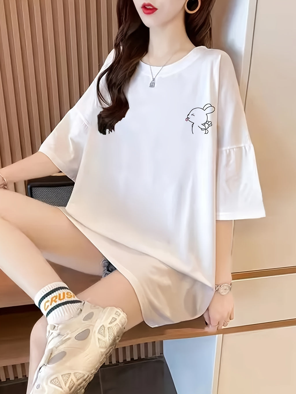 Korean Version Short Sleeve T-Shirt Women's Summer Wear Mid-Length Top Loose Fashion Inner Wear Base Layer Top - White